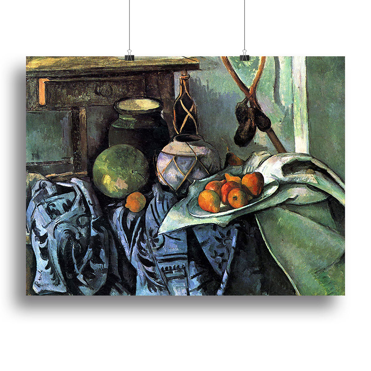 Still Life with Eggplant by Cezanne, a vibrant canvas print showcasing eggplants and fruits in a classic still life arrangement.